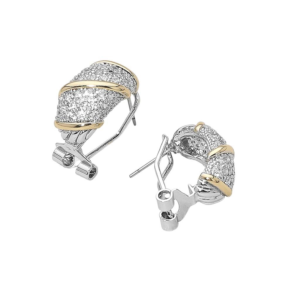 Elegant 14K Gold Plated Two Tone CZ Stone Pave Half Hoop Women's Earrings